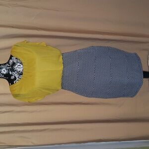 NWOT Enfocus Studio retro mustard yellow, white polka dot black skirt. Size 10